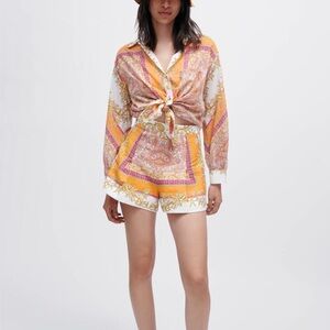 Maje Linen Set with scarf print Orange and Pink Size 1